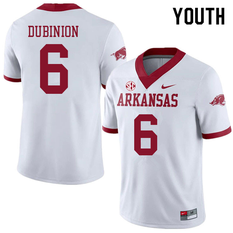 Youth #6 Rashod Dubinion Arkansas Razorbacks College Football Jerseys Sale-Alternate White - Click Image to Close